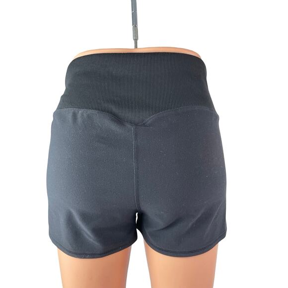Alo Women's Black Ribbed Waist High Rise Yoga Workout Athletic Biker Shorts Sz L - Picture 3 of 6